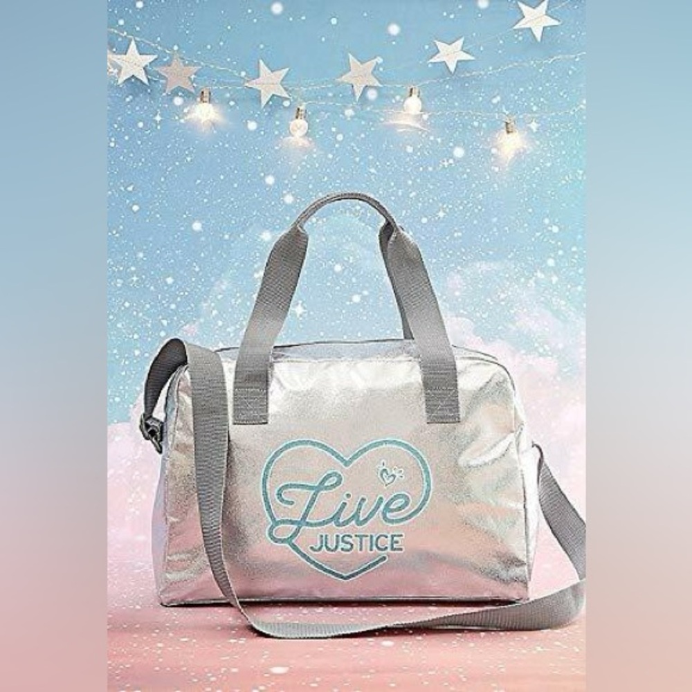 JUSTICE LIVE Silver Duffel Tote Bag Gymnastics Dance Cheer Girl.